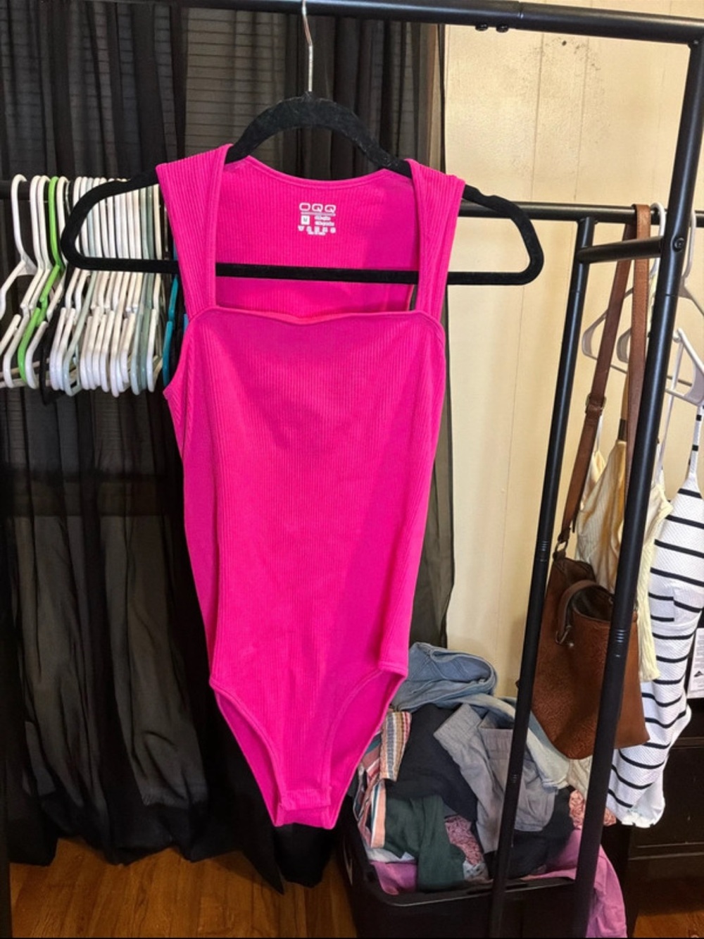 Square-Neck Ribbed Bodysuit in Hot Pink